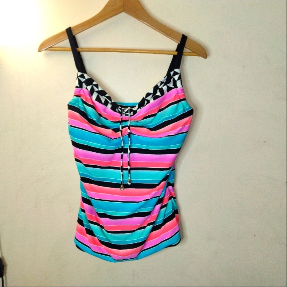 Coco Reef Front Tie Striped Multicolor Takini Swimsuit Top Bra Size 38D